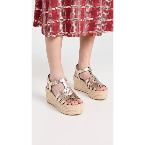 Tory Burch Fisherman Strappy Metallic Leather Espadrille Platform Wedge Sandals - Picture 1 of 11